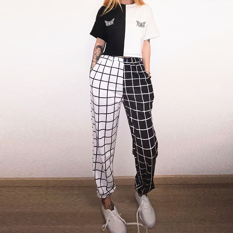 Contrast Loose Checkerboard High Waist Sweatpants 棋盘格卫裤