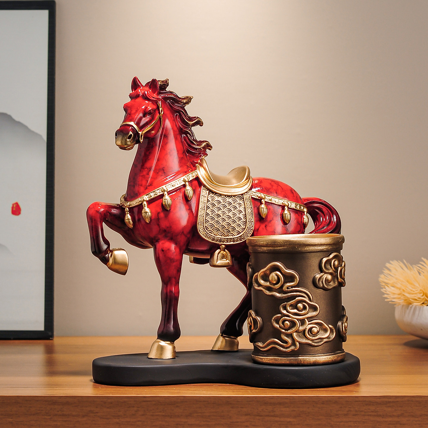 高档新中式招财马笔筒摆件送老板领导老师办公室书房桌面装饰礼物