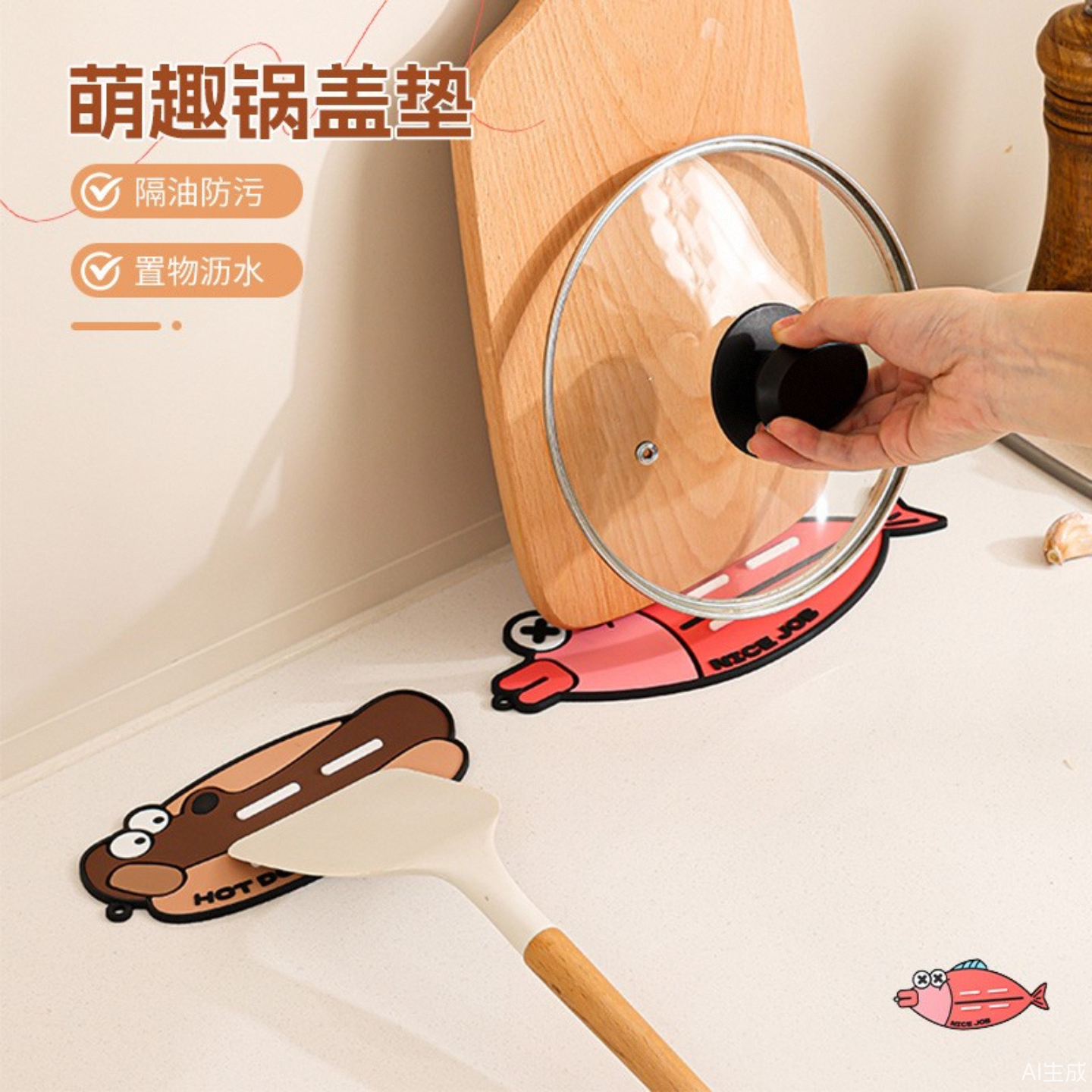 萌趣锅盖收纳垫2026新款硅胶隔热垫砧板放置垫厨房台面防滑沥水垫