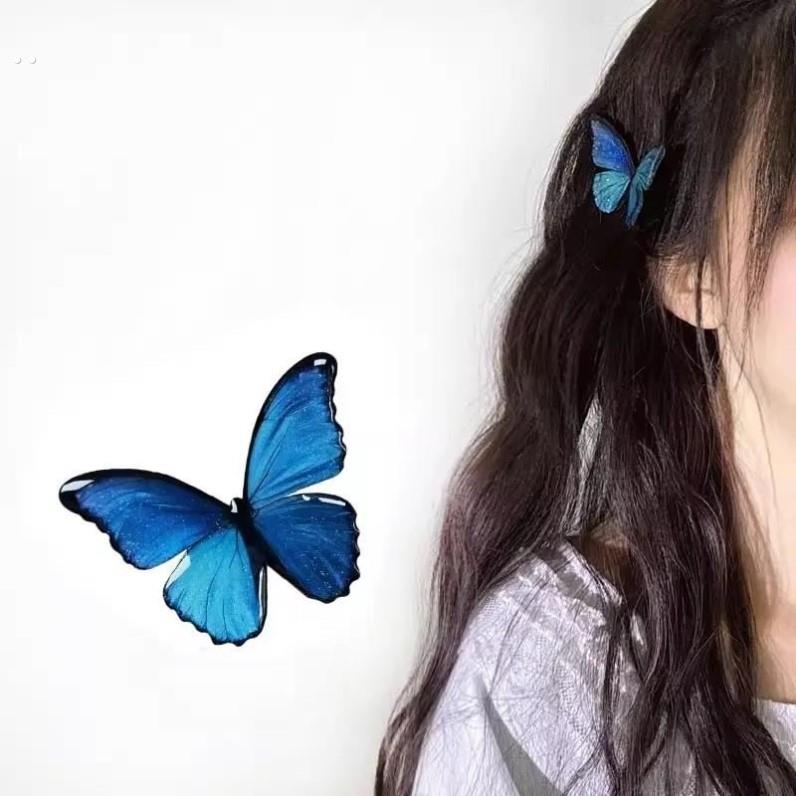 蓝色蝴蝶发夹边夹古风头饰发卡侧边发饰森系写真夹子配饰刘海夹女