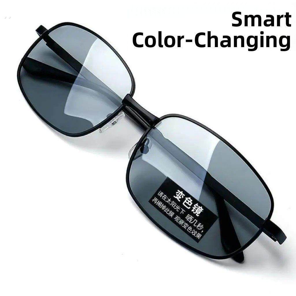 采购产品新的玻璃镜片的男人和女人，智能光致变色太阳镜，白天和