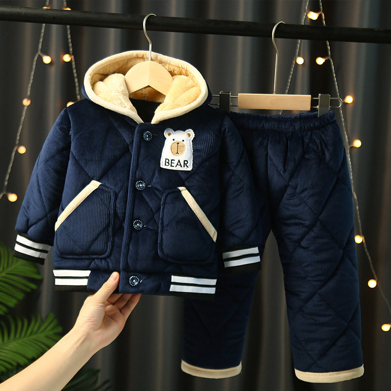 日本品质儿童三层夹棉加厚保暖水晶绒睡衣男童女童小孩秋冬加绒家