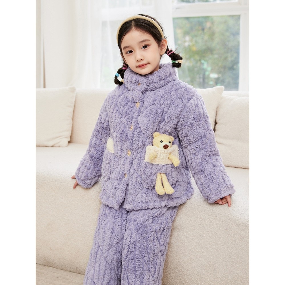 日本品质秋冬季儿童睡衣法兰绒三层加厚款夹棉套装宝宝男童女童保