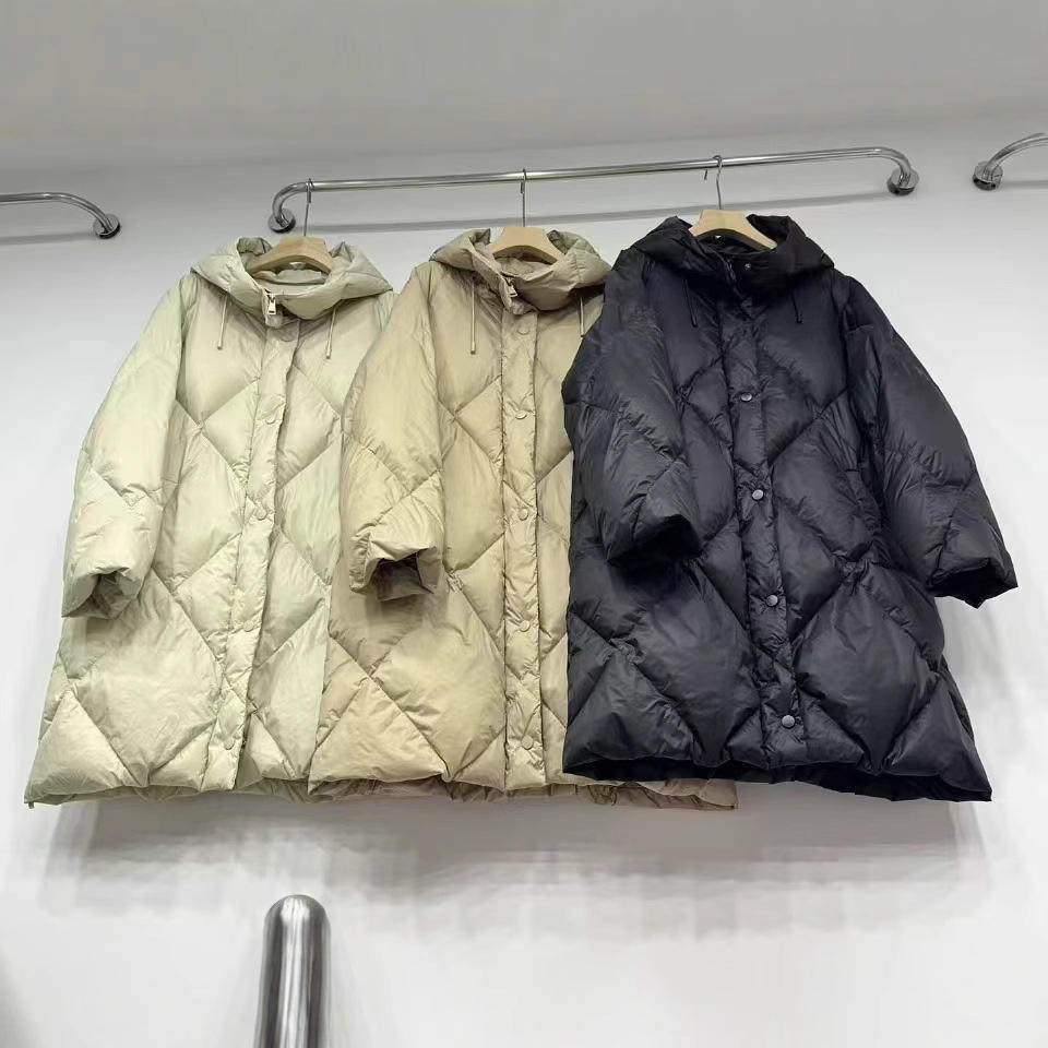秋冬欧美风冬季大牌同款羽绒服女中长款90白鸭绒连帽外套锦纶