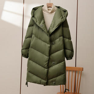 90白鸭绒软泡芙连帽羽绒服女中长款2025冬季加厚保暖蓬松外套锦纶