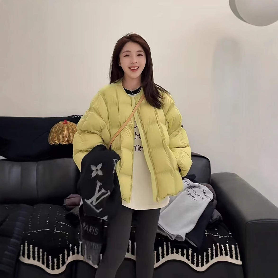 秋冬欧货大码胖mm无领轻薄短款羽绒服女面包服白鸭绒外套厚