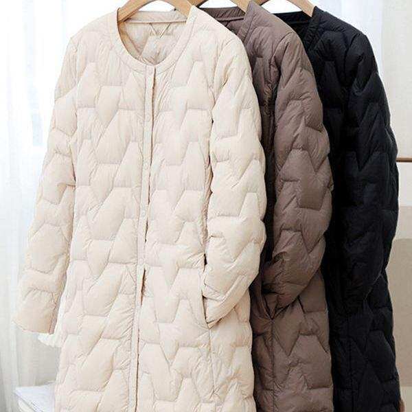 秋冬轻薄羽绒服女中长款圆领长款韩版无领内搭外套潮休闲风