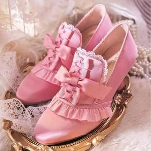 新款 單鞋 Lolita花邊少女可愛百搭軟妹jk高跟鞋 日系蕾絲結(jié)粉色時(shí)裝
