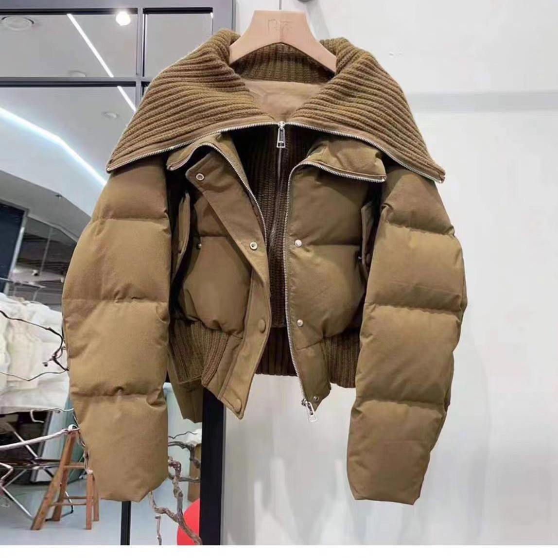 新款欧货针织大翻领高腰2025高端短款羽绒服女时尚加厚白鸭绒面包
