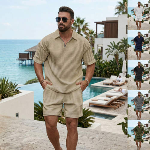 2026跨境亚马逊夏季新男士华夫格翻领polo衫短袖短裤休闲运动套装