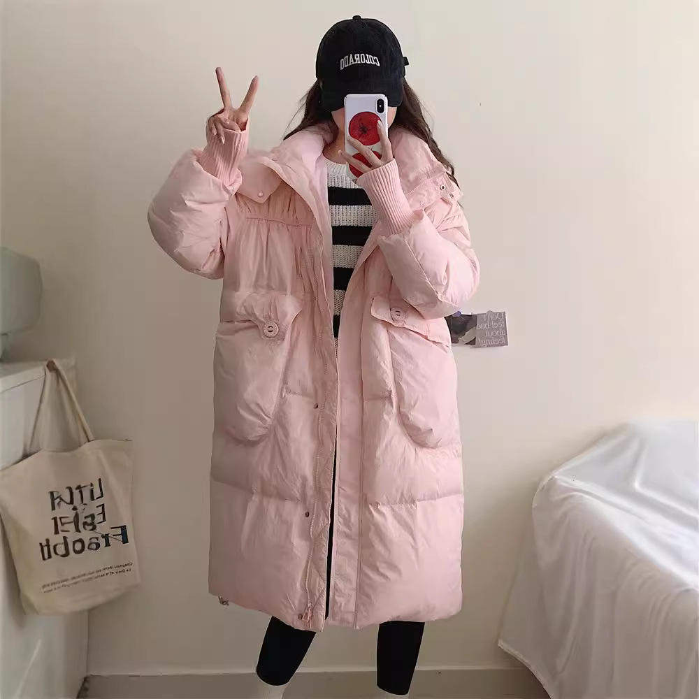 新款2025秋冬连帽过膝时尚羽绒服女中长款韩版宽松保暖加厚外套潮