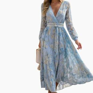 2025欧美 雪纺碎花连衣裙女洋气气质长袖领法式长裙春装裙子单件