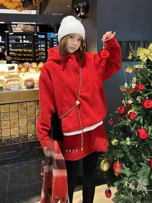 超火冬装套装女圣诞红色毛呢连帽