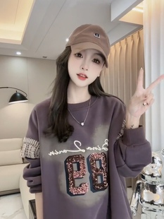 中长款 米奇印花亮片拼接蕾丝袖 澳粒绒加绒加厚卫衣女韩版 秋冬新品