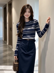 韩系高级感气质条纹针织衫女秋冬新款高腰显瘦半身裙时尚两件套装