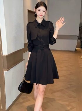 秋冬法式赫本风黑色衬衫连衣裙女