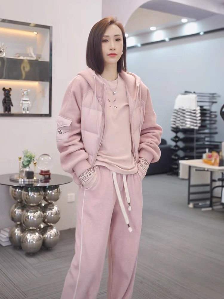 熙微同款粉色拼接连帽羽绒棉服短款外套女秋冬时尚百搭洋气夹克潮