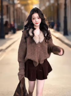 小香风气质毛领软糯针织开衫女巨好看高端名媛小洋装＋半身裙套装