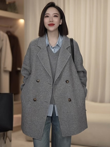 灰色高级感双面毛呢外套女秋冬