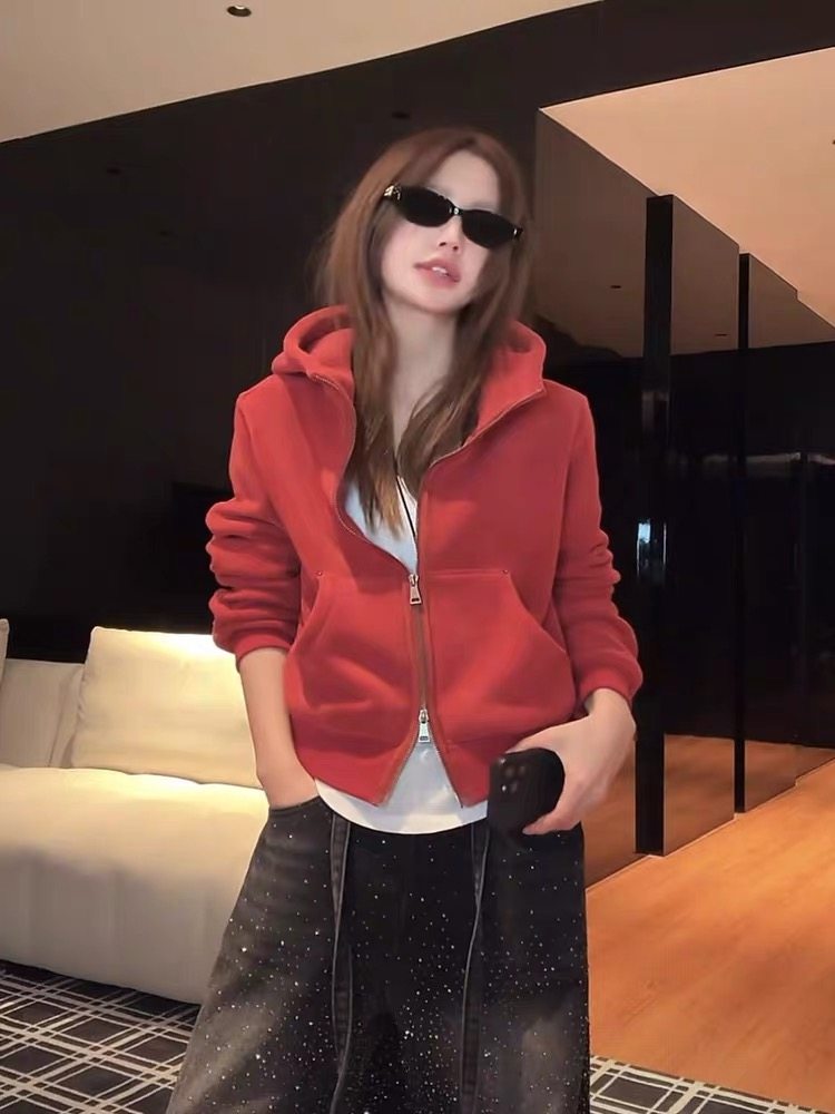 巨好看美式连帽双拉链奥绒红色卫衣女新年战袍本命年短款休闲开衫
