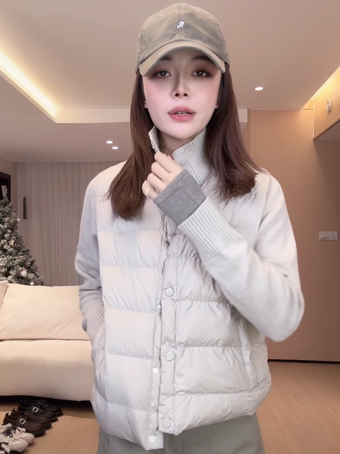 针织立领拼接珍珠绒棉服女2025冬季新韩版时尚保暖短款轻薄外套女