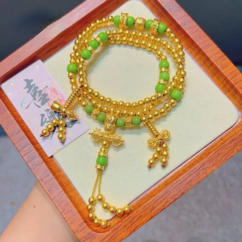 沙金古法金手工diy金刚杵108颗菜籽绿三圈两用款手串新中式国潮风