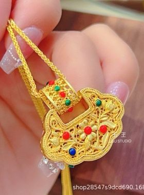 古法金复古宫廷风花丝如意锁包项链吊坠