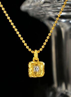 小红书爆款沙金小方钻方糖项链久不掉色锁骨链高级方形吊坠项链