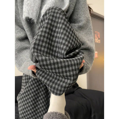 格雷系加绒黑灰色阔腿慵懒风格子裤子女春秋季大码显瘦垂感休闲裤