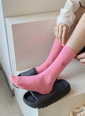 粉色袜子女中筒袜春秋ins潮外穿网红款长袜韩国东大门百搭街头袜