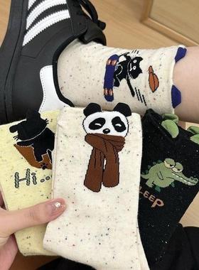 袜子女中筒袜春秋点子纱熊猫女袜ins潮少女百搭卡通长袜女袜搞怪