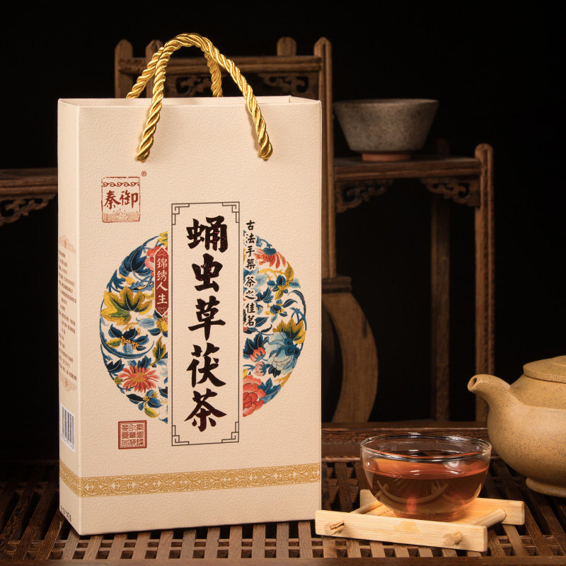 秦御陕西特产蛹虫草茯茶黑茶金花茯茶泾阳茯砖茶400g西安茯茶