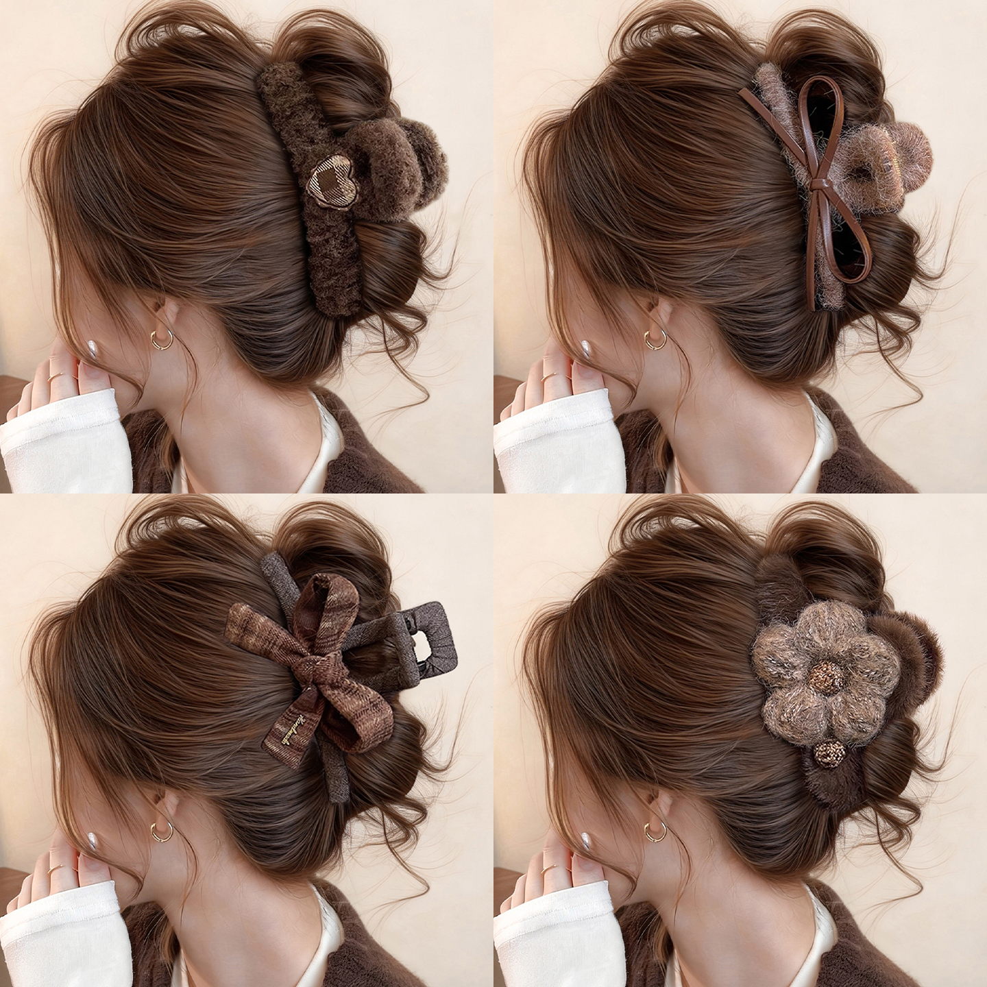 深咖色蝴蝶结毛绒抓夹大号发量多