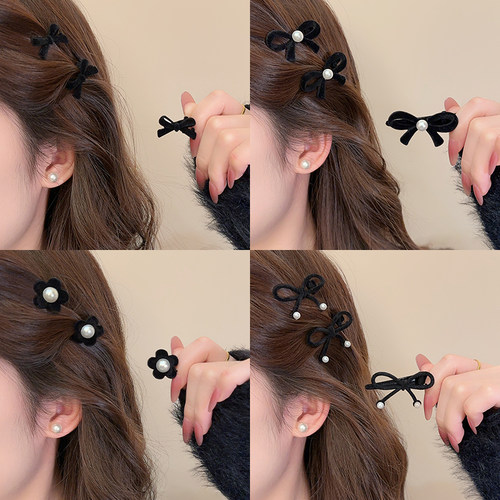 黑色植绒蝴蝶结发夹高级感刘海夹