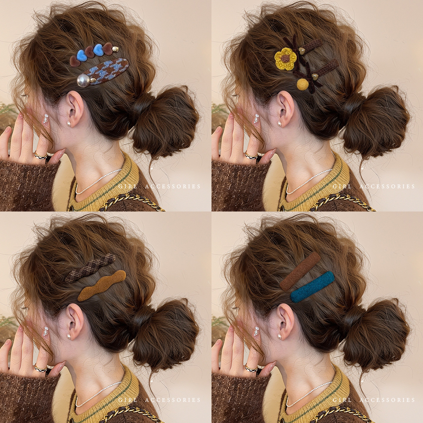 秋冬爱心花朵毛呢刘海侧边发夹！