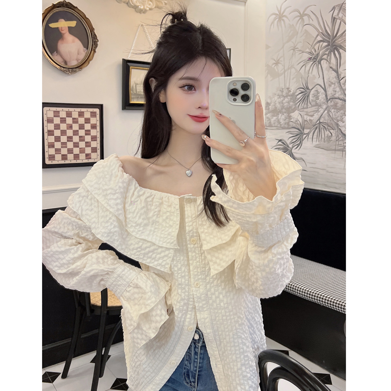 实拍~大码胖MM早春设计感荷叶边收腰显瘦衬衫韩系一字肩上衣