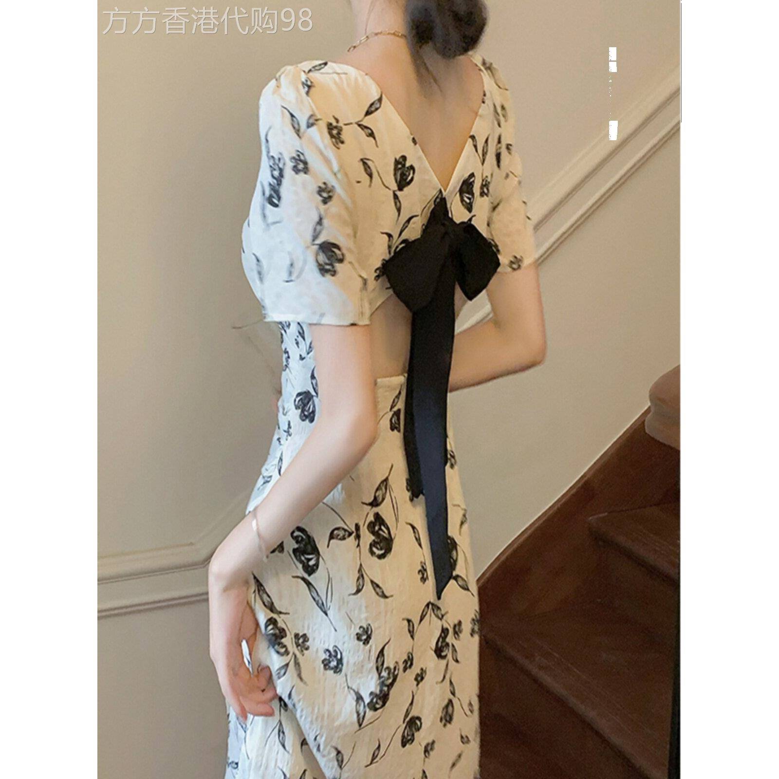 MUAMY夏季新款法式轻奢名媛设计感惊艳绝美蝴蝶结露背碎花连衣裙