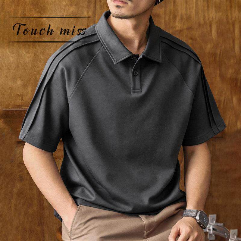 TOUCH MISS夏季翻领条纹POLO衫ins男短袖宽松休闲大码潮牌穿搭t恤