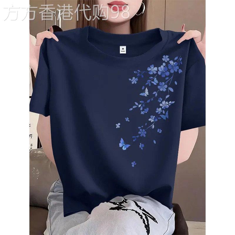圆领藏青色花卉印花短袖T恤女夏季纯棉显瘦百搭气质小众女装上衣