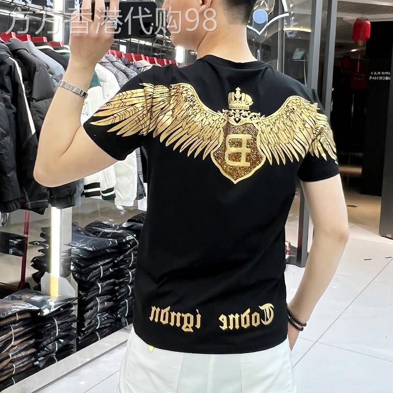 欧洲站潮流男士短袖T恤夏季新款修身个性翅膀烫钻欧货休闲男T恤