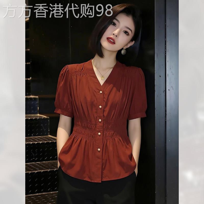 复古收腰短袖衬衫女夏季2026年新款V领轻熟风上衣娃娃衫显瘦气质