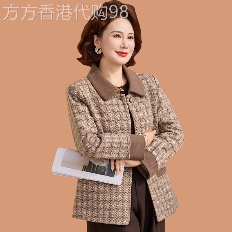中老年妈妈翻领格子西装外套女春季薄款宽松大尺码时尚洋派50岁西