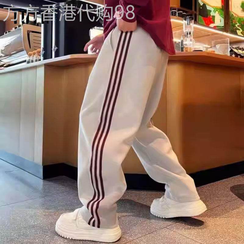 条纹休闲裤男士春秋季潮牌宽松百搭拼接织带撞色直筒阔腿运动卫裤