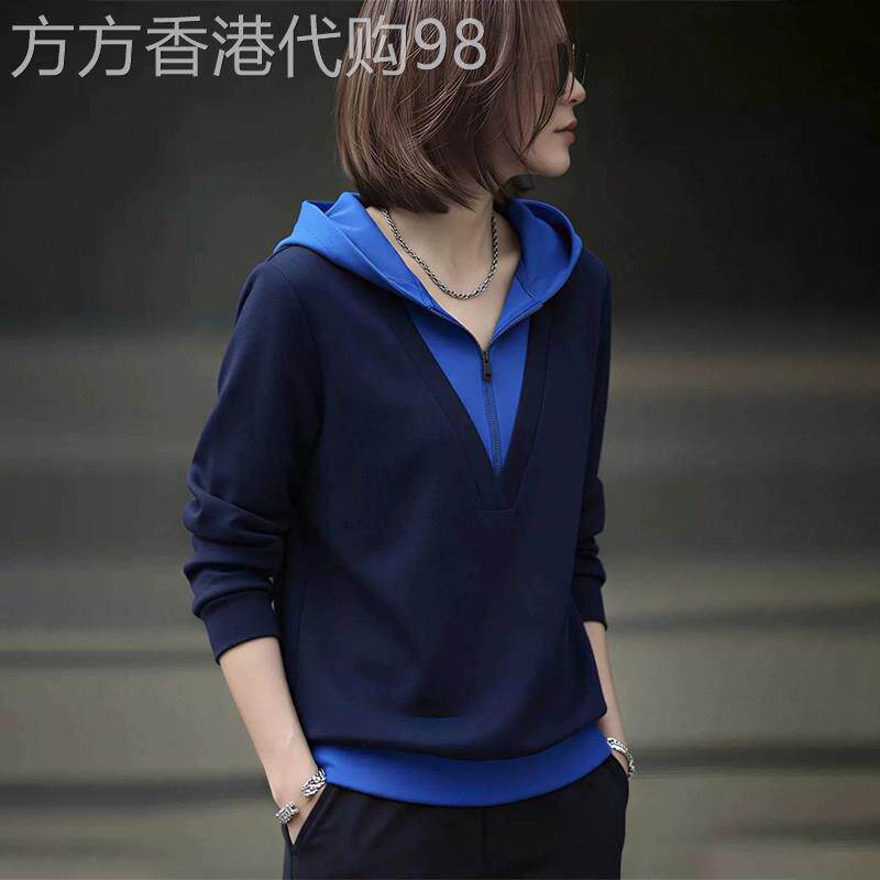 潮牌韩版撞色假两件连帽卫衣女2026秋季大码胖MM时尚宽松减龄上衣