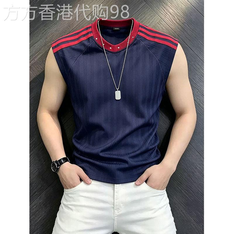 潮牌拼接条纹无袖运动健身坎肩男夏季薄款速干美式撞色三条杠背心