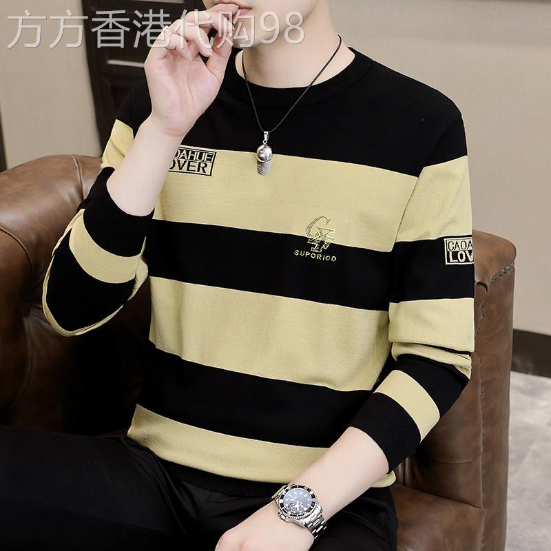 长袖t恤男潮牌高端针织条纹羊毛衫男士春秋薄款新款圆领休闲上衣