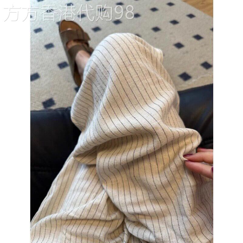 日系棉麻裤子慵懒百搭垂感拖地休闲裤女薄款条纹亚麻阔腿裤长裤夏