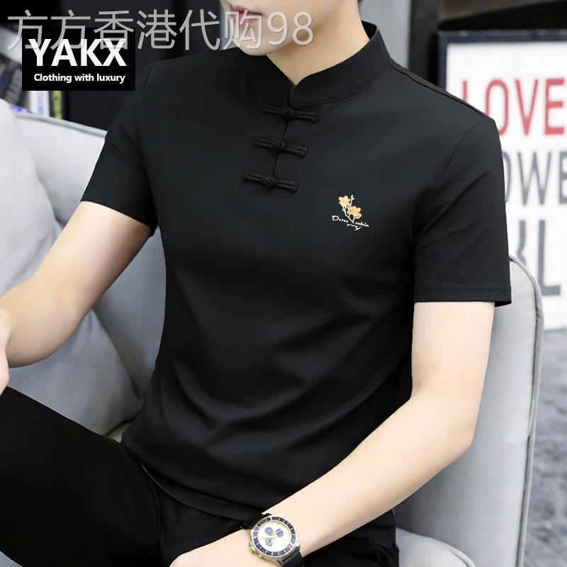 中国风短袖T恤男士polo衫男款2026新款夏季立领盘扣刺绣唐装上衣图片
