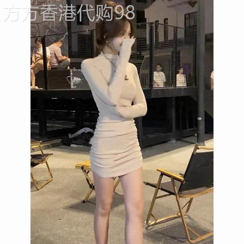 辣妹镂空半高领连衣裙女春秋季新款加绒短裙褶皱显瘦打底包臀裙子