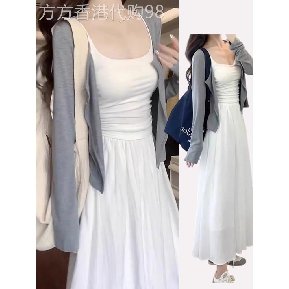 日式白色吊带女装春秋季新款法国高端早秋服装修身长裙套装